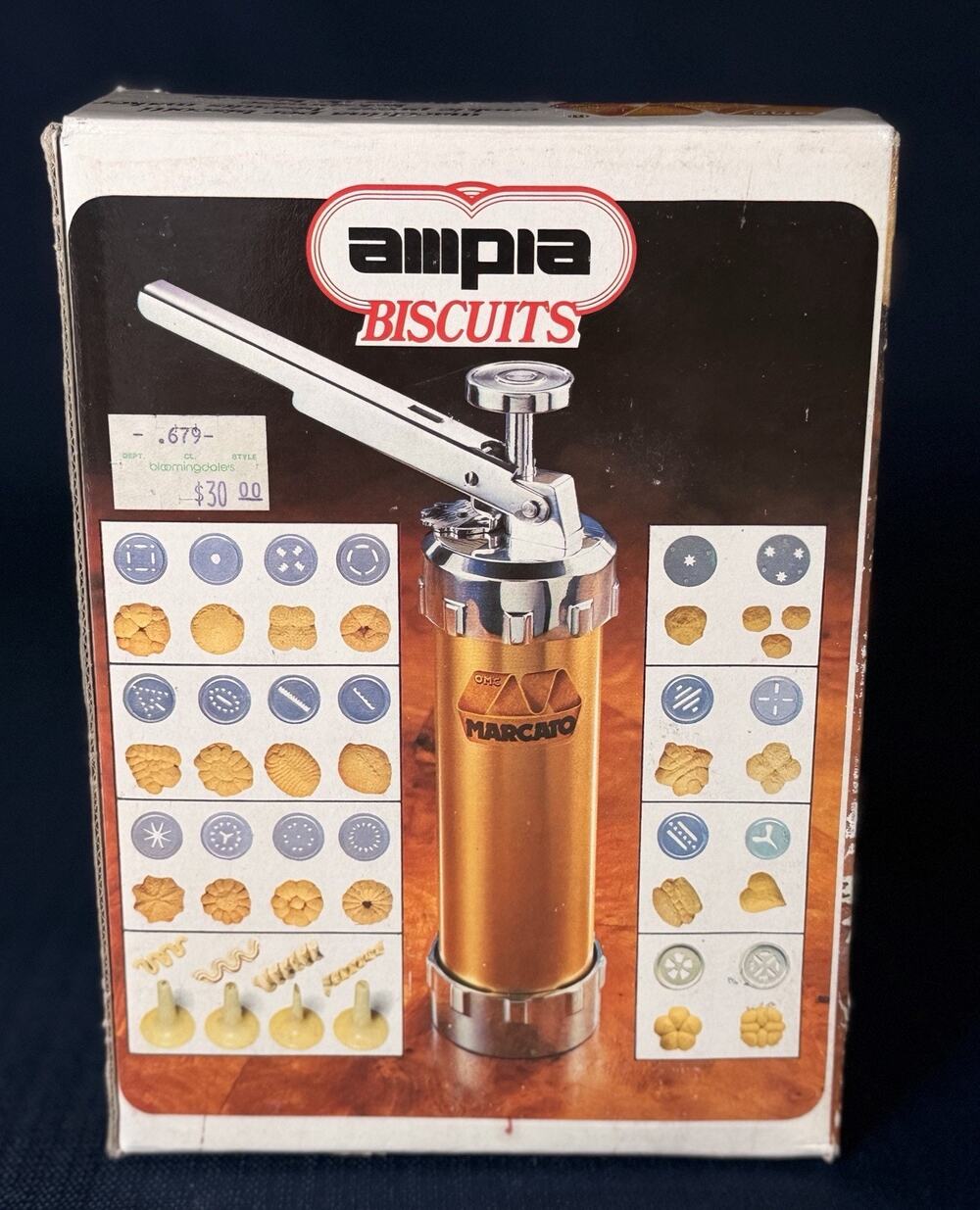 Vtg OMC Marcato Ampia Biscuits Cookie Press Gold Italy 20 Discs 4 Tips NIB